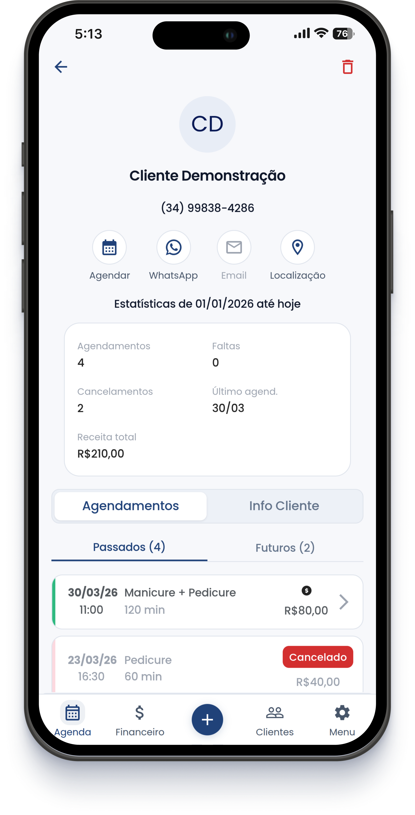 Página de gestão de clientes