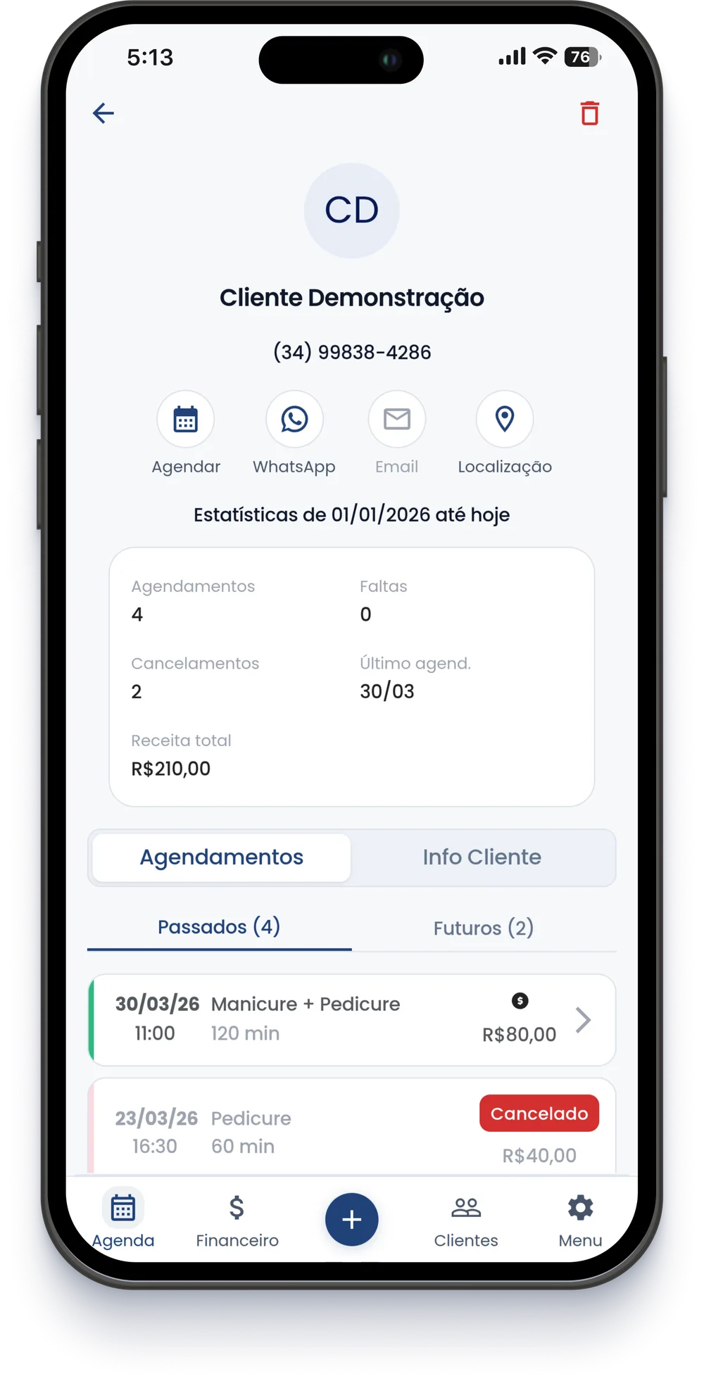 Página de gestão de clientes