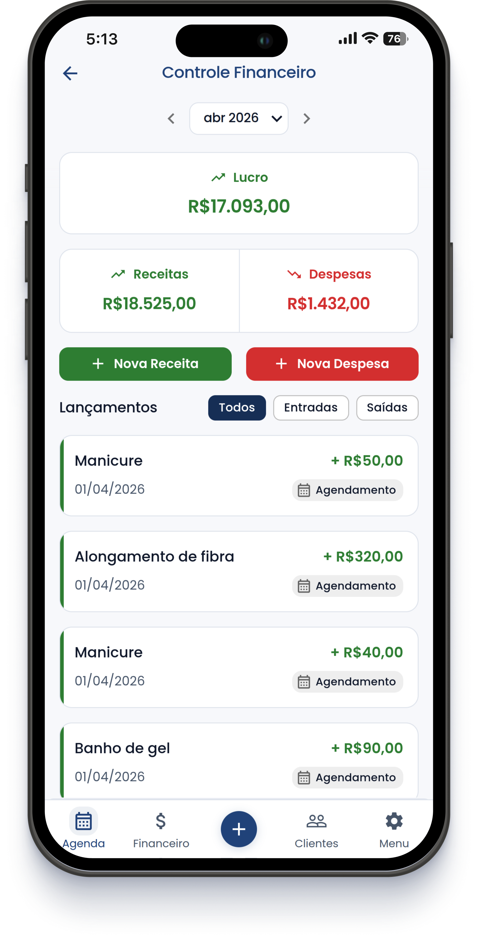 Controle financeiro com lucro, receitas e despesas