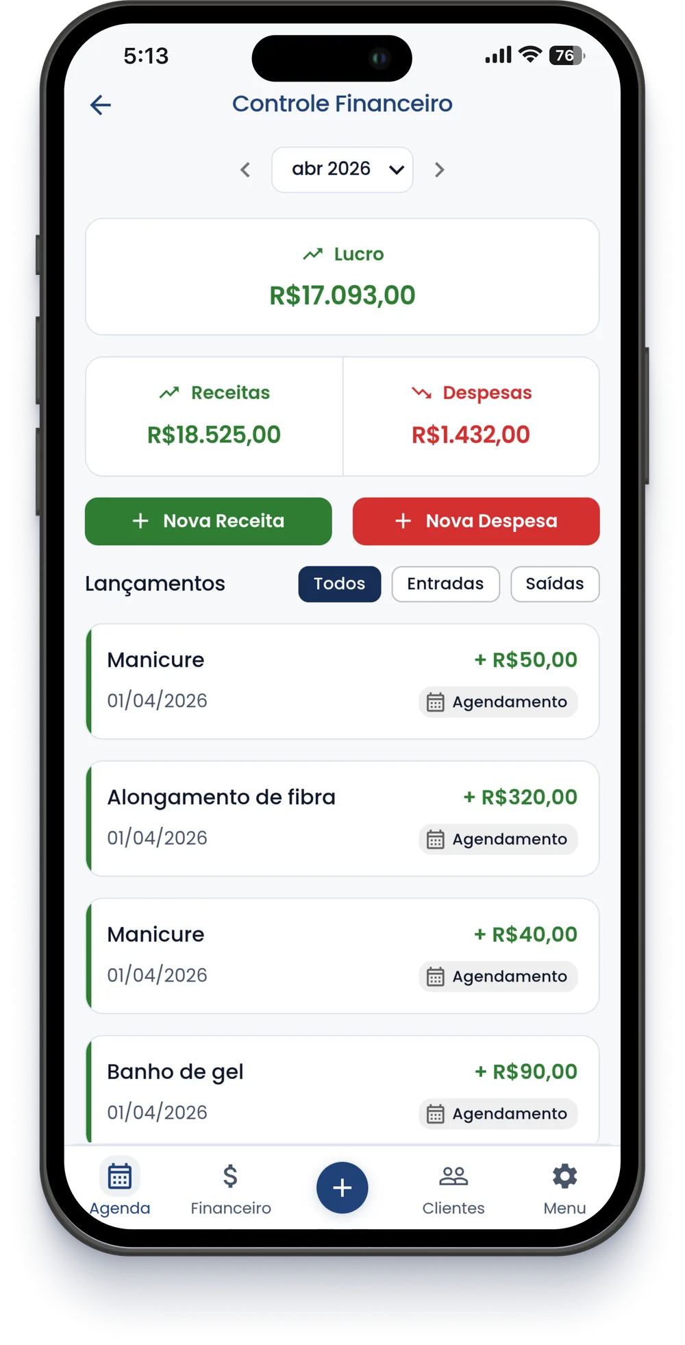 Controle financeiro com lucro, receitas e despesas