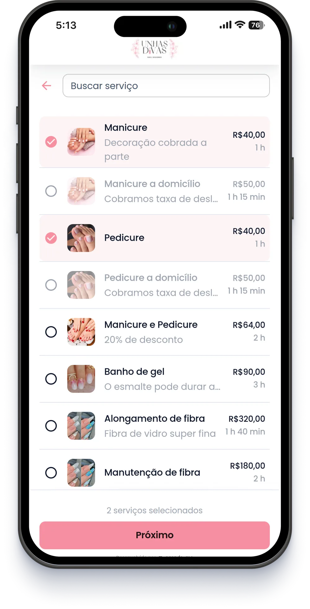 Catálogo de serviços com fotos e preços